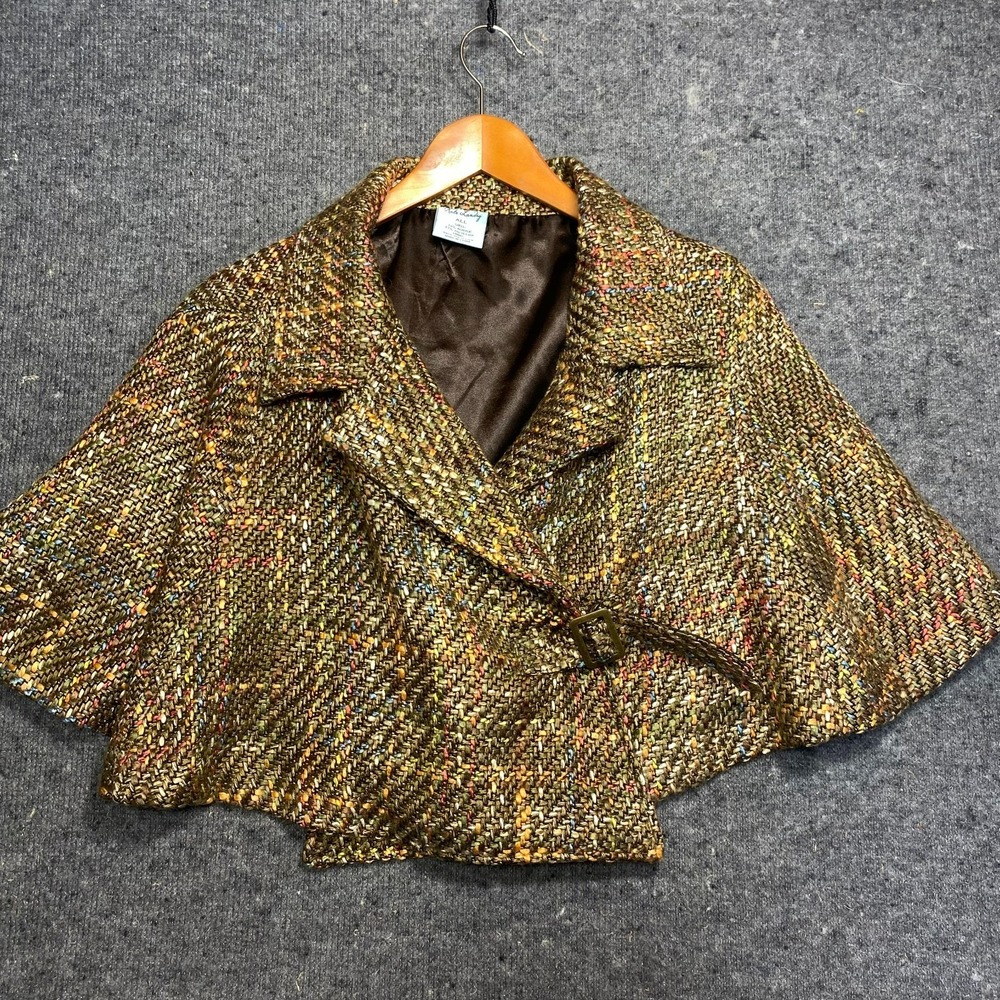 Kate Landry Cape Jacket Womens One Size Brown Tweed Plaid Pea Coat Short Lined